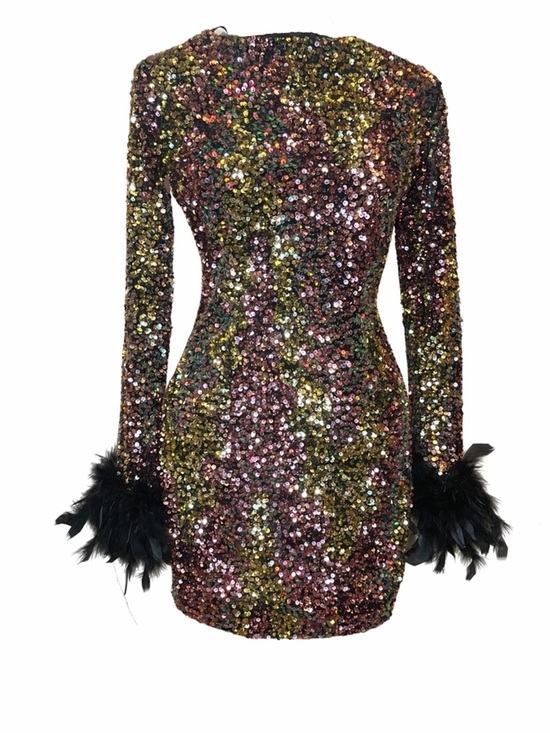 Dresses & Skirts - Sequin Long-Sleeve Mini Dress with Feather Cuffs - Multicolor